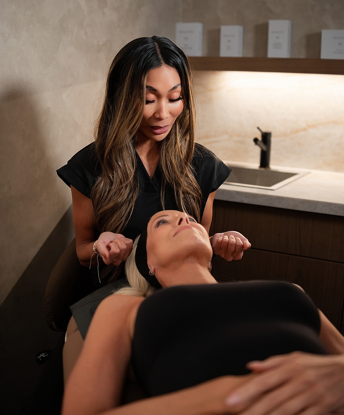 Skincare treatment in a modern spa setting.